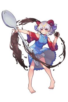 1girl a12_a_ini absurdres barefoot bloomers commentary_request curly_hair earrings eye_print full_body grey_hair grin highres holding holding_spork hoop_earrings horizontal_pupils horn_ornament horn_ribbon horns jewelry korean_commentary looking_at_viewer meandros mixed-language_commentary oversized_object patterned_clothing petroleum pointy_ears red_eyes red_horns red_nails red_sleeves ribbon sharp_teeth sheep_horns simple_background smile solo spork teeth toes touhou toutetsu_yuuma underwear upskirt white_background white_bloomers