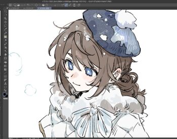 1boy androgynous art_program_in_frame blue_bow blue_eyes blush bow brown_hair coat edgar_valden fur-trimmed_coat fur_trim hair_between_eyes identity_v long_hair looking_ahead male_focus ponytail portrait sidelocks sinzourrrrr snow_on_head snow_on_headwear solo white_coat