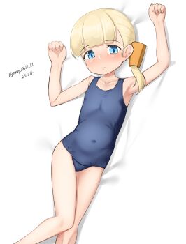 1girl absurdres blonde_hair blue_eyes blue_one-piece_swimsuit blunt_bangs breasts covered_navel dated feet_out_of_frame folded_ponytail highres kantai_collection loli long_hair looking_at_viewer lying maru_(marg0613) old_school_swimsuit one-hour_drawing_challenge one-piece_swimsuit school_swimsuit shin&#039;you_(kancolle) side_ponytail small_breasts solo swimsuit