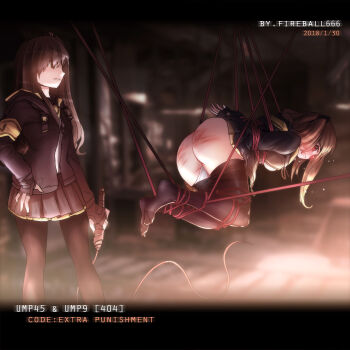 2girls 404_(girls'_frontline) absurdres armband arms_behind_back ass_smack bdsm blush bondage bound bound_legs breast_bondage breasts femdom fireball_666 girls'_frontline hair_between_eyes highres long_hair multiple_girls punishment red_rope restrained rope shibari shibari_over_clothes skirt spanked spanking suspension ump45_(girls'_frontline) ump9_(girls'_frontline) whip_marks yellow_armband