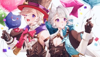 1boy 1girl :d :o animal_ear_fluff animal_ears aqua_bow aqua_bowtie aqua_streaks balloon black_capelet black_corset black_dress black_gloves black_hat blush bow bowtie braid brother_and_sister brown_bow brown_bowtie buttons capelet cat_ears commentary_request confetti corset detached_sleeves dress eyelashes facial_mark frilled_shirt_collar frills genshin_impact gloves grey_hair hair_bow hand_up hat highres holding holding_balloon huge_bow juliet_sleeves long_hair long_sleeves looking_at_viewer low_ponytail lynette_(genshin_impact) lyney_(genshin_impact) multicolored_gloves multicolored_hair nekorin_chu open_mouth parted_bangs ponytail puffy_sleeves purple_eyes red_bow red_bowtie red_hat red_streaks rosseland_(genshin_impact) shirt short_hair shrug_(clothing) siblings sidelocks simple_background single_hair_intake sleeve_cuffs sleeveless sleeveless_shirt smile star_(symbol) star_balloon star_facial_mark streaked_hair swept_bangs teardrop_facial_mark teeth top_hat twins two-tone_gloves upper_body upper_teeth_only watermark white_background white_gloves white_shirt white_shrug white_sleeves