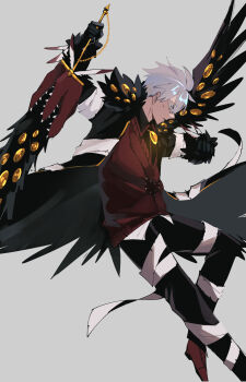 1boy 779_nnk absurdres bandages bandages_over_clothes black_coat black_gloves black_pants black_wings blue_eyes chain coat collared_shirt e.g.o_(project_moon) employee_(project_moon) falling feathers fur_trim gloves gold_trim grey_background highres holding holding_sword holding_weapon lobotomy_corporation long_sleeves male_focus nugget_(project_moon) pants profile project_moon red_shoes red_vest shirt shoes short_hair simple_background single_wing solo sweater_vest sword twilight_(e.g.o) vest weapon white_hair wings