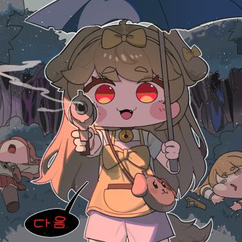 3girls @_@ absurdres aiming aiming_at_viewer animal_ears ashur_(trickcal) bag bell blush bow brown_hair bush butter_(trickcal) chibi chibi_only commentary_request curryman_(curryman06) dog_ears dog_girl dog_tail erpin_(trickcal) fang forest gun handgun highres holding holding_umbrella korean_commentary korean_text long_hair looking_at_viewer lying multiple_girls nature neck_bell on_back outdoors red_eyes red_hair smoke solo_focus sparkle speech_bubble tail tiara translation_request tree trickcal umbrella weapon
