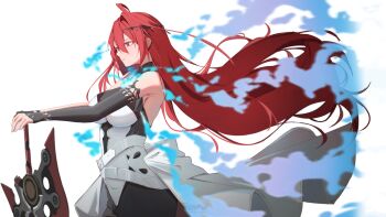 1girl ahoge asymmetrical_gloves bare_shoulders black_dress black_gloves blue_fire breasts dress elbow_gloves elizabeth_rose_bloodflame fingerless_gloves fire fire_on_chest gloves highres hololive hololive_english large_breasts long_hair mismatched_gloves narukamitooru red_eyes red_hair simple_background single_elbow_glove single_fingerless_glove solo sword two-tone_dress very_long_hair virtual_youtuber weapon white_background white_dress