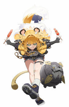 1girl animal_ears bent_over black_shorts blonde_hair blush commentary elbow_gloves fingerless_gloves food gloves green_eyes grey_shirt highres holding holding_food holding_skewer hu_wei_(zenless_zone_zero) ikarosu_(ikarosu01) jacket ju_fufu long_hair looking_at_viewer open_clothes open_jacket shirt shoes shorts simple_background skewer socks solo tail thigh_strap tiger_ears tiger_girl tiger_tail untranslatable_commentary white_background white_socks yellow_jacket zenless_zone_zero