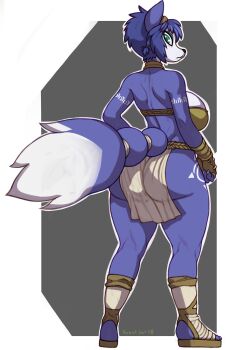 1girl animal_ears ass back bad_id bad_tumblr_id blue_hair bra breasts claws closed_mouth female_focus fingerless_gloves fox_ears fox_tail from_behind full_body furry furry_female gloves green_eyes grey_background hairband highres huge_ass krystal large_breasts loincloth looking_at_viewer looking_back nintendo outline robotjoe sandals short_hair skindentation solo standing star_fox tail two-tone_background underwear white_outline