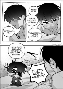 2boys absurdres areuwuu blush crossed_arms eyepatch greyscale highres kim_dokja male_focus mini_person miniboy monochrome multiple_boys oldest_dream omniscient_reader&#039;s_viewpoint shirt short_hair sitting t-shirt yoo_joonghyuk yoo_joonghyuk_(999th_turn)