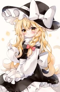 Rule 34 | 1girl, absurdres, animal ear fluff, animal ears, apron, black hat, black skirt, black vest, blonde hair, blush, bow, braid, cat ears, cat girl, cat tail, chinese commentary, closed mouth, commentary request, frilled skirt, frills, hair bow, hat, hat bow, highres, kemonomimi mode, kirisame marisa, long hair, long sleeves, looking at viewer, nya (pixiv 100585577), pink bow, side braid, single braid, sitting, skirt, solo, tail, touhou, vest, waist apron, white apron, white bow, witch hat, yellow eyes
