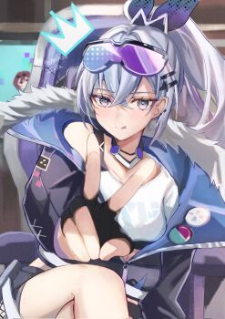 1girl :q artist_name bad_id bad_twitter_id black-framed_eyewear black_gloves black_jacket black_shorts blue-tinted_eyewear breasts chair closed_mouth collarbone cowboy_shot cropped_shirt crossed_legs double-parted_bangs eyewear_on_head fingerless_gloves gloves grey_eyes hair_between_eyes hair_ornament hairclip high_ponytail highres honkai:_star_rail honkai_(series) indoors jacket kafka_(honkai:_star_rail) long_hair long_sleeves looking_at_viewer medium_breasts midriff_peek on_chair parallel_hairclips partially_open_jacket pixel_crown ponytail purple-tinted_eyewear riza_(tomoriza_25252) screen shirt short_shorts shorts silver_wolf_(honkai:_star_rail) sitting smile solo tinted_eyewear tongue tongue_out twitter_username two-tone-tinted_eyewear v watermark white_shirt