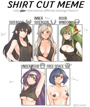 5girls ;) ahoge angry armpits ayra_(fire_emblem) black_eyes black_hair blue_eyes blue_hair blush breasts brown_eyes catria_(fire_emblem) cleavage cleavage_cutout clothing_cutout collarbone embarrassed english_text female_robin_(fire_emblem) fire_emblem fire_emblem:_genealogy_of_the_holy_war fire_emblem:_path_of_radiance fire_emblem:_radiant_dawn fire_emblem_awakening fire_emblem_echoes:_shadows_of_valentia green_eyes green_hair grey_hair large_breasts long_hair looking_at_viewer medium_breasts medium_hair meme mia_(fire_emblem) multiple_drawing_challenge multiple_girls nintendo one_eye_closed open_mouth pasties ponytail purple_hair shirt_cut_meme sideboob simple_background smile tiki_(adult)_(fire_emblem) tiki_(fire_emblem) tridisart underboob