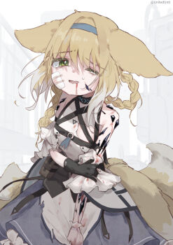 1girl :d animal_ears arknights bare_shoulders black_gloves blonde_hair blood blood_from_mouth blood_on_arm blue_hairband blue_skirt braid braided_hair_rings breasts bright_pupils check_commentary collar commentary_request cowboy_shot false_smile fox_ears fox_girl fox_tail gauze gauze_on_cheek gloves green_eyes hair_rings hairband highres infection_monitor_(arknights) injury kitsune kyuubi looking_at_viewer material_growth multiple_tails one_eye_closed open_mouth oripathy_lesion_(arknights) petticoat shirt short_hair single_glove skirt small_breasts smile solo suzuran_(arknights) sweatdrop tail tearing_up torn_clothes torn_shirt twin_braids unitedunti white_pupils white_shirt