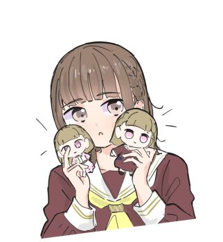 Rule 34 | 1girl, animification, blunt bangs, braid, brown dress, brown eyes, brown hair, commentary request, doll, dream believers, dress, hasu no sora school uniform, hayama fuka, holding, holding doll, kachimachi kosuzu, kyurumaru, link! like! love live!, long hair, love live!, neckerchief, real life, sailor collar, sailor dress, school uniform, side braids, sidelocks, solo, tazaki masanobu, virtual youtuber, voice actor, white sailor collar, yellow neckerchief