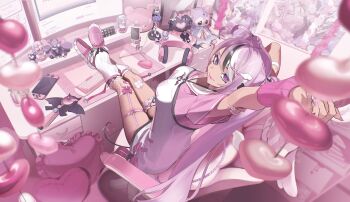 1girl absurdly_detailed_composition absurdres ahoge arm_behind_head arm_warmers arms_up asymmetrical_legwear bandaid black_choker black_streaks bow breasts can chair choker commentary computer computer_keyboard computer_mouse crossed_legs drawer english_commentary fingernails frilled_thigh_strap from_above hair_ornament handheld_game_console headphones heart heart-shaped_pillow heart_choker highres indie_virtual_youtuber large_breasts legs_on_table lipstick loaded_interior long_fingernails long_hair looking_at_viewer loose_socks makeup microphone mirukugatsu mismatched_legwear monitor multicolored_hair multicolored_shoes nomu_(29_nom) pillow pink_bow pink_hair pink_shirt pink_shoes pink_socks pink_theme poster_(object) purple_eyes screen second-party_source shirt shoes short_sleeves single_arm_warmer single_fishnet_armwear single_fishnet_legwear sitting smile socks solo sprinkle_hershy streaked_hair striped_clothes striped_socks stuffed_toy tail thigh_strap two-tone_shirt two-tone_shoes vertical-striped_clothes vertical-striped_socks very_long_hair virtual_youtuber wand white_shirt white_shoes white_socks white_streaks x_hair_ornament