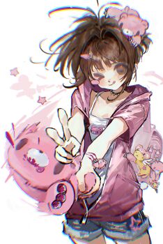 >_< 1girl absurdres alternate_costume backpack bag blush_stickers brown_hair cameo cardcaptor_sakura character_doll character_print chinese_commentary commentary_request cowboy_shot denim denim_shorts doll fashion gloomy_bear green_eyes heisei_retro highres holding holding_stuffed_toy hood hood_down hooded_jacket itazuraguma_no_gloomy jacket kero_(cardcaptor_sakura) kinomoto_sakura looking_at_viewer one_eye_closed open_clothes open_jacket pink_jacket randoseru ruffian439 short_hair shorts simple_background single_blush_sticker smile solo_focus standing stuffed_animal stuffed_toy tank_top teddy_bear tongue tongue_out v variant_set white_background white_tank_top