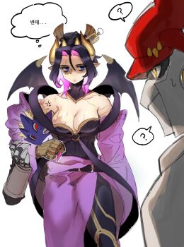 1boy 1girl ? absurdres anger_vein bare_shoulders beelzebumon black_bodysuit black_hair blonde_hair blue_eyes bodysuit breasts cleavage commentary_request cowboy_shot demon_boy demon_girl detached_sleeves digimon digimon_(creature) dukemon eye_mask hair_bun highres korean_commentary korean_text lilithmon mask medium_breasts multicolored_hair nail_polish pointy_ears purple_hair purple_sleeves red_eyes rode3434 scar scar_across_eye scar_on_face short_hair simple_background solo_focus speech_bubble spoken_question_mark strapless_bodysuit third_eye translation_request two-tone_hair white_background