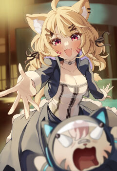 Rule 34 | 1girl, ahoge, animal ear fluff, animal ears, bioshock, bioshock (series), bioshock infinite, blonde hair, blue jacket, blurry, blurry foreground, blush, breasts, cat ears, cat girl, cat tail, choker, cleavage, colored inner hair, commentary, cosplay, cropped jacket, dress, elizabeth (bioshock infinite), elizabeth (bioshock infinite) (cosplay), english commentary, facial mark, fang, gya (144), highres, indie virtual youtuber, jacket, long hair, long sleeves, looking at viewer, medium breasts, multicolored hair, open clothes, open jacket, open mouth, pokatto (squchan), purple hair, red eyes, second-party source, shyrei faolan, tail, throwing, throwing person, two-tone hair, virtual youtuber, whisker markings