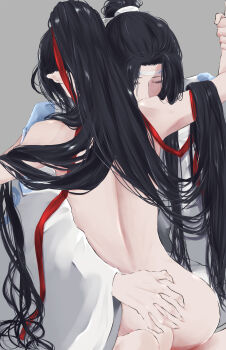 2boys absurdres anal ass back barefoot black_hair chinese_clothes closed_eyes couple from_behind grabbing_another&#039;s_ass grey_background groping hair_ribbon hand_on_another&#039;s_ass hanfu headband high_ponytail highres holding_another&#039;s_wrist hug implied_sex lan_wangji long_hair long_sleeves male_focus male_penetrated modao_zushi multiple_boys naruse_(kmk648) nude ponytail red_ribbon ribbon robe sex simple_background sitting sitting_on_lap sitting_on_person solo_focus straddling topknot upright_straddle very_long_hair wei_wuxian white_hanfu white_headband wide_sleeves xiao_guan_(headdress) yaoi