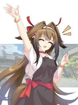 1girl :d ^_^ absurdres alternate_costume animal_ear_fluff arm_up black_dress bracelet brown_hair closed_eyes commentary dress game_screenshot_background hair_intakes hairband highres jewelry long_hair maxwelzy open_clothes open_mouth open_shirt red_sash sash screenshot_background shirt smile solo very_long_hair white_hairband white_shirt ye_shunguang zenless_zone_zero