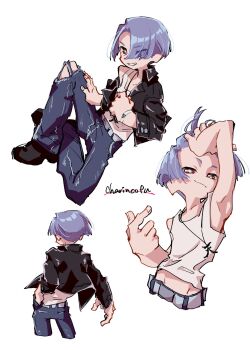 1boy blunt_bangs charincofu_04 denim highres jacket jeans looking_at_viewer male_focus multiple_views pants panty_&amp;_stocking_with_garterbelt pointing pointing_at_self polyester_(psg) short_hair solo tank_top torn_clothes torn_pants white_background white_tank_top