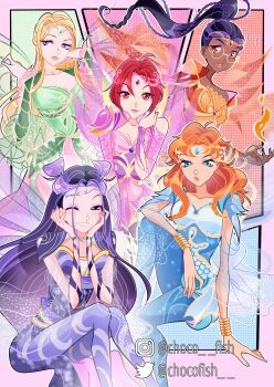 5girls ahoge alternate_costume aqua_eyes arm_on_knee arm_ribbon armor asian bad_id bad_twitter_id black_hair blonde_hair bloomix blue_bodysuit blue_eyes blue_gemstone blue_nails blue_wings blunt_ends bob_cut bodysuit border bored bracelet bracer braid breasts chocofish circlet cleavage closed_mouth clothing_cutout collarbone colorful_background commentary cornelia_hale dark-skinned_female dark_skin double_bun english_commentary eyelashes eyeshadow fairy fairy_wings feet_out_of_frame fire forehead_jewel frilled_bodysuit frown gem glasses gold_bracelet green_bodysuit green_wings grin hair_bun halftone halftone_background hand_in_own_hair hand_on_own_neck hands_on_own_cheeks hands_on_own_face hay_lin high_ponytail highres instagram_username irma_lair jewelry knee_up light_blush light_particles lipstick long_hair long_sleeves looking_at_viewer magical_girl makeup multicolored_hair multiple_bracelets multiple_girls nail_polish one_eye_closed orange_bodysuit orange_hair orange_nails orange_wings outside_border parody parted_lips pauldrons pink_bodysuit pink_border pink_eyeshadow pink_lips pink_scrunchie ponytail purple_bodysuit purple_gemstone purple_hair purple_ribbon purple_wings pyrokinesis red_eyes red_hair ribbon round_eyewear scrunchie short_hair short_sleeves shoulder_armor shoulder_cutout sidelocks single_bare_shoulder single_pauldron sitting smile streaked_hair style_parody taranee_cook transparent_wings twin_braids twitter_username w.i.t.c.h. watermark will_vandom wings winx_club wrist_scrunchie yellow-framed_eyewear