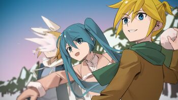 1boy 2girls aqua_eyes aqua_hair blonde_hair blue_eyes blue_jacket blue_shirt brown_jacket commentary_request drawstring green_scarf hatsune_miku highres holding holding_snowball hood hood_down hoodie jacket kagamine_len kagamine_rin long_hair multiple_girls open_clothes open_jacket open_mouth parted_lips pink_shirt ponytail scarf shirt short_hair short_ponytail smile snow snowball snowball_fight twintails vocaloid white_hoodie wounds404