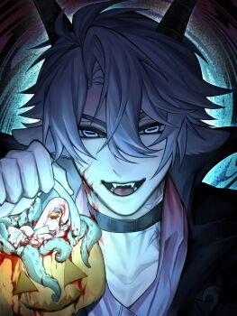 1boy alternate_costume antenna_hair black_choker blue_eyes chinese_commentary choker collared_coat commentary_request demon_boy demon_horns fangs halloween_bucket hedachuxiafan highres honkai:_star_rail honkai_(series) horns male_focus mystical_high_collar neck_tattoo parted_bangs phainon_(honkai:_star_rail) short_hair solo sun_symbol sun_tattoo tan tattoo white_hair