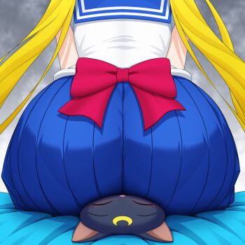 1girl absurdres ass ass_focus back_bow bishoujo_senshi_sailor_moon blonde_hair blue_sailor_collar blue_skirt bow butt_crush cat commission crescent crescent_facial_mark crushed crushing facial_mark from_behind highres huge_ass luna_(sailor_moon) multiple_girls pixiv_commission ryusei_(coupling_maker) sailor_collar sailor_moon sailor_senshi_uniform sitting sitting_on_animal sitting_on_face sitting_on_person skirt tsukino_usagi