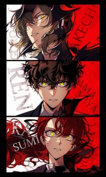 1girl 2boys akechi_gorou amamiya_ren black_border black_hair black_helmet black_jacket black_mask_(persona_5) black_ribbon border brown_hair character_name commentary dated hair_between_eyes hair_ribbon hashtag-only_commentary head_tilt helmet high_collar highres jacket joker_(persona_5) looking_at_viewer medium_hair messy_hair multiple_boys no_mask parted_lips persona persona_5 persona_5_the_royal ponytail red_background red_hair ribbon signature teeth violet_(persona_5) white_background yellow_eyes yoshizawa_kasumi yoteh