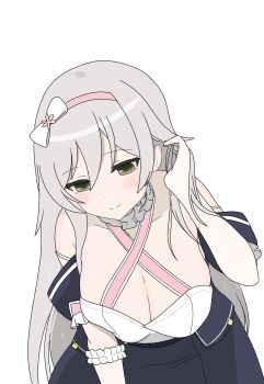 1girl assault_lily bare_shoulders black_skirt blush bow bow_hairband breasts cleavage closed_mouth collar collarbone commentary_request criss-cross_halter detached_sleeves elbow_gloves flower frilled_collar frilled_gloves frills gloves green_eyes grey_hair hair_between_eyes hair_bow hair_flower hair_ornament hairband halter_shirt halterneck hand_up hayakawa_yahiro high-waist_skirt highres kimassi large_breasts leaning_forward long_hair looking_ahead looking_down pink_flower pink_hairband shirt short_sleeves simple_background skirt smile solo standing tucking_hair upper_body very_long_hair white_background white_bow white_collar white_gloves white_shirt