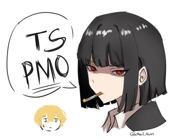 1boy 1girl black_hair blaizepascal blonde_hair bob_cut cigarette collared_shirt commentary english_commentary english_text highres limbus_company looking_at_viewer partially_shaded_face project_moon red_eyes ryoshu_(project_moon) shirt short_hair simple_background sinclair_(project_moon) smoke smoking solo_focus speech_bubble translation_request twitter_username white_background white_shirt yellow_eyes