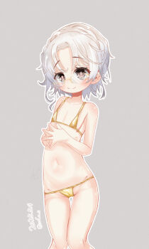 1girl bikini closed_mouth commentary_request dated flat_chest glasses gold_bikini grey_background grey_eyes highres hirato_(kancolle) kantai_collection loli medium_hair mf_u_c micro_bikini navel outline own_hands_together signature simple_background smile solo steepled_fingers swimsuit wavy_eyes white_hair white_outline