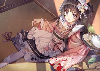 1girl absurdres against_wall apron belt blue_archive bow breasts brown_hair floral_print floral_print_kimono foot_out_of_frame frills green_tea hair_ornament heart highres holding holding_tray japanese_clothes kanzashi kimono light_blush long_hair long_sleeves maid maid_headdress on_floor open_mouth pink_bow pink_kimono print_kimono purple_eyes ribbon shizuko_(blue_archive) small_breasts smile star_(symbol) star_pin tea teapot tray uppercut wa_maid white_apron white_headdress wide_sleeves yoi_sc