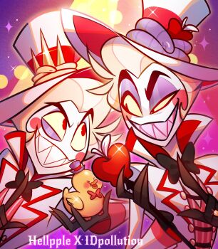 Rule 34 | 2boys, apple, artist collaboration, artist name, black bow, black bowtie, black gloves, blonde hair, bow, bowtie, cane, closed mouth, colored skin, commentary, demon boy, english commentary, food, formal clothes, fruit, gloves, hat, hazbin hotel, hellaverse, hellpple hz, highres, holding, holding cane, identitypollution, looking at another, lucifer morningstar (hazbin hotel), lucifer morningstar (hazbin hotel) (pilot), multicolored hat, multicolored suit, multiple boys, purple hat, red bow, red bowtie, red pupils, rubber duck, sharp teeth, snake, sparkle background, suit, sun hat, teeth, thick eyebrows, white skin, yellow eyes