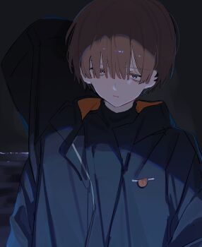 1boy bag_behind_back black_jacket black_shirt blunt_bangs brown_hair commentary dark ear_piercing eve_(musician) highres horizon jacket kazikimakuro otogiri_tobi piercing sayonara_end_roll_(song) shirt solo symbol-only_commentary turtleneck turtleneck_shirt weapon_bag