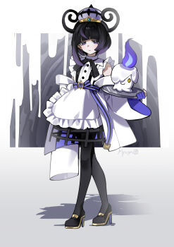 1girl absurdres alternate_costume apron artist_name belt belt_buckle black_belt black_dress black_hair black_pantyhose black_shoes blush bob_cut buckle closed_mouth coat commentary_request dress full_body gen_5_pokemon gloves gradient_hair gwynn_(pokemon) hat high_heels highres holding holding_tray litwick long_sleeves looking_at_viewer maid maid_apron multicolored_hair myuga66666 nintendo o-ring o-ring_belt off_shoulder open_clothes open_coat pantyhose partially_fingerless_gloves pokemon pokemon_(creature) pokemon_legends:_z-a purple_belt purple_eyes purple_gloves purple_hair shoes short_hair standing tray two-tone_belt white_coat wide_sleeves