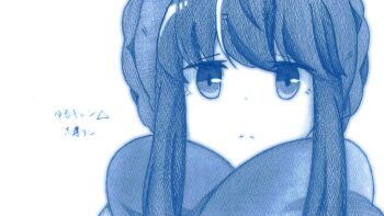1girl beanie blue_theme closed_mouth commentary_request expressionless gi_u2u hat highres looking_at_viewer monochrome portrait scarf shima_rin sidelocks simple_background solo straight-on traditional_media white_background yurucamp