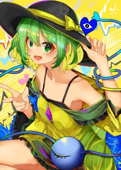 1girl amane_alice arm_up armpits black_bra black_hat blonde_hair bow bra breasts broken_heart collarbone commentary_request frilled_shirt frills green_hair green_shirt hand_on_headwear hat hat_bow heart highres koishi_day komeiji_koishi looking_at_viewer multicolored_hair off_shoulder open_mouth shirt signature small_breasts solo third_eye third_eye_closed touhou two-tone_hair two-tone_shirt underwear yellow_bow yellow_shirt