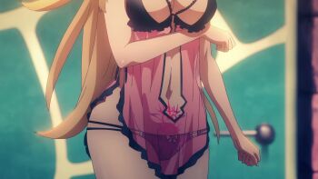 1boy 2girls animated anime_screenshot arm_under_breasts babydoll balck_hair bare_shoulders black_skirt blonde_hair blue_eyes blue_necktie blush book bouncing_breasts bra bra_peek breasts cape cleavage collarbone detached_sleeves dress glowing glowing_tattoo gluteal_fold groin highres holding holding_book jewelry kekkon_yubiwa_monogatari large_breasts long_hair morion_ravri_nokanatika multiple_girls navel necklace necktie nonaka_himeno open_mouth panties partially_unbuttoned pink_babydoll pink_dress pink_panties pubic_tattoo robe satou_haruto school_uniform see-through_clothes shirt siblings sisters skirt sound stomach tagme tattoo thighs twintails underwear video white_shirt wide_hips