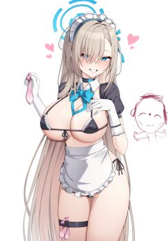 1boy 1girl absurdres apron asuna_(blue_archive) bikini black_bikini blonde_hair blue_archive blue_bow blue_bowtie blue_eyes blue_halo blush bow bowtie breasts cameltoe choker cleavage condom detached_collar detached_sleeves doodle_sensei_(blue_archive) gloves grin hair_over_one_eye halo highres holding holding_condom kisa_(leg3043) large_breasts long_hair looking_at_viewer maid maid_apron maid_bikini maid_headdress mole mole_on_breast puffy_short_sleeves puffy_sleeves sensei_(blue_archive) short_sleeves smile swimsuit thigh_strap thighs unconventional_maid used_condom very_long_hair white_gloves