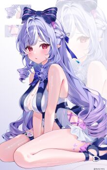 1girl bare_shoulders black_shoes blush bow breasts cleavage commentary_request diamond-shaped_pupils diamond_(shape) duchi0356 frilled_one-piece_swimsuit frills hair_bow high_heels highres long_hair looking_at_viewer medium_breasts official_alternate_costume one-piece_swimsuit parted_lips pointy_ears purple_bow purple_hair red_eyes shoes sitting swimsuit symbol-shaped_pupils thigh_strap twitter_username very_long_hair vivian_banshee vivian_banshee_(iris_of_the_shore) zenless_zone_zero zoom_layer