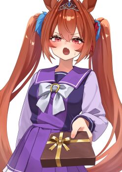 Rule 34 | 1girl, animal ears, antenna hair, blush, bow, bowtie, box, brown hair, commentary request, daiwa scarlet (umamusume), fang, gift, gift box, hair intakes, hair ornament, highres, holding, holding box, horse ears, horse girl, horse tail, horseshoe ornament, incoming gift, long hair, long sleeves, looking at viewer, open mouth, purple sailor collar, purple shirt, purple skirt, red eyes, sailor collar, school uniform, shirt, simple background, skin fang, skirt, solo, sweat, tail, tiara, tracen school uniform, twintails, umamusume, v-shaped eyebrows, very long hair, white background, white bow, white bowtie, yamaro (yamaro0)