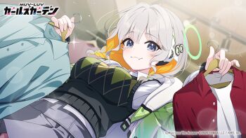 1girl 2025 :3 black_eyes braid closed_mouth clothes_hanger colored_inner_hair copyright_logo copyright_name copyright_notice ear_protection fang from_below green_halo green_jacket green_sweater_vest grey_hair grey_skirt halo holding holding_clothes_hanger indoors jacket layla_jenkins logo multicolored_hair muv-luv muv-luv_girls_garden official_art open_clothes open_jacket orange_hair shirt short_braid side_halo skirt solo sparkle sweater_vest twin_braids unworn_clothes white_shirt yon44141