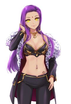 1girl animal_print bindi black_pants breasts character_name cleavage coat cowboy_shot crop_top dark-skinned_female dark_skin earrings game_cg gem gold_trim hand_in_own_hair hand_up head_tilt hip_tattoo jasmine_(master_of_eternity) jewelry leopard_print lips long_hair long_sleeves looking_at_viewer master_of_eternity medium_breasts navel_piercing neck_ring non-web_source official_art open_clothes open_coat pants piercing purple_gemstone purple_hair simple_background smile solo stomach tattoo transparent_background yellow_eyes