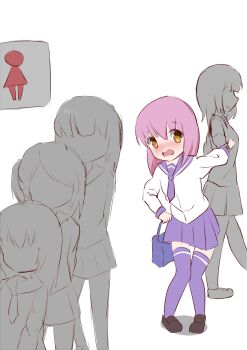 5girls absurdres arm_up black_footwear blue_legwear blue_neckwear blue_sailor_collar blue_skirt blush embarrassed faceless faceless_female female_focus flat_chest full_body have_to_pee highres holding_another's_wrist knees_together_feet_apart long_hair long_sleeves looking_back miniskirt multiple_girls necktie nose_blush open_mouth original pigeon-toed pink_hair pleated_skirt queue sailor_collar school_uniform serafuku shirt shoes simple_background skirt solo_focus somtt standing thighhighs walking white_background white_shirt yellow_eyes zettai_ryouiki