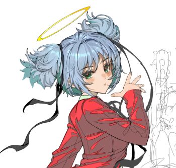 1girl black_ribbon blue_hair bokusatsu_tenshi_dokuro-chan chinese_commentary closed_mouth commentary_request from_side green_eyes hair_ribbon halo hand_up jacket long_sleeves looking_at_viewer looking_back mitsukai_dokuro red_jacket ribbon school_uniform short_hair short_twintails simple_background solo traditional_halo twintails upper_body white_background yang_yu_sanjiao