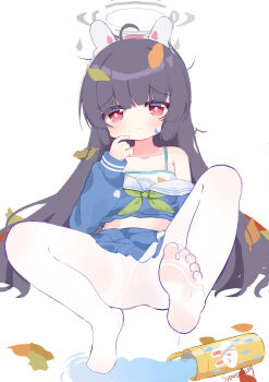 1girl absurdres ahoge animal_ear_hairband animal_ears artist_name bare_shoulders bikini bikini_top_only bikini_under_clothes blue_archive blue_serafuku blue_skirt blush bottle chinese_commentary collarbone commentary_request fake_animal_ears feet foot_focus full_body green_neckerchief grey_hair grey_halo hair_ornament hairband halo hand_on_own_chin highres leaf leaf_hair_ornament leaf_print long_hair long_sleeves looking_at_viewer miniskirt miyu_(blue_archive) neckerchief no_shoes off_shoulder pantyhose parted_lips pleated_skirt print_bikini rabbit_ear_hairband rabbit_ears red_eyes school_uniform serafuku simple_background sitting skirt soles solo sparerib- spill spread_legs swimsuit thighband_pantyhose toes water water_bottle wet white_background white_bikini white_hairband white_pantyhose