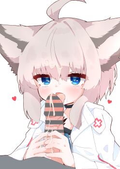 1boy 1girl absurdres ahoge animal_ears arknights bar_censor black_choker blue_eyes blush censored choker coat cross cum cum_on_hair fang fellatio fox_ears fox_girl heart hetero highres hood hood_down hooded_coat licking licking_penis long_sleeves material_growth open_mouth oral oripathy_lesion_(arknights) penis penis_grab pink_hair rano_u_rabe red_cross short_hair simple_background skin_fang sussurro_(arknights) tongue tongue_out white_background white_coat