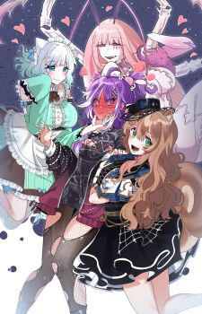 4girls absurdres ahoge antenna_hair arthropod_girl arthropod_limbs ayunda_risu ayunda_risu_(work) berryjey black_choker black_shirt blush braid choker clothing_cutout cockroach_girl earrings full-face_blush gradient_hair green_hair grey_eyes hair_ornament highres hololive hololive_indonesia indie_virtual_youtuber jewelry long_hair maid maid_headdress matara_kan michi_mochievee michi_mochievee_(1st_costume) mint_fantome mint_fantome_(minto_2.0) monster_girl multicolored_hair multiple_girls purple_hair shirt stitched_face stitches streaked_hair torn_clothes virtual_youtuber vshojo white_hair