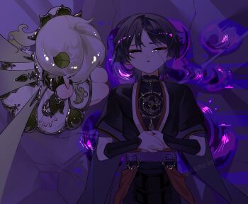 1boy 1girl armlet arms_at_sides black_bodysuit black_hair black_kimono black_sleeves black_trim blunt_ends bodysuit bracelet cape choppy_bangs closed_eyes colored_tips crack cracked_floor cracked_skin detached_sleeves dress eyeliner eyeshadow facing_up from_above furisode genshin_impact gold gold_trim gradient_hair green_cape green_hair green_sleeves hair_ornament han'eri hands_on_own_stomach highres japanese_clothes jewelry kimono layered_kimono layered_sleeves leaf leaf_hair_ornament long_hair lying makeup mandarin_collar miemiebei mitsudomoe_(shape) multicolored_hair nahida_(genshin_impact) neck_ring o-ring on_back open_clothes open_hands open_kimono open_mouth own_hands_together pointy_ears purple_liquid purple_sash purple_sleeves red_eyeliner red_eyeshadow red_kimono red_sash sash scaramouche_(genshin_impact) seiza short_sleeves side_ponytail sidelocks sitting tears tomoe_(symbol) unconscious white_dress white_hair white_kimono