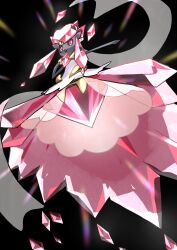:o absurdres black_background commentary_request diancie from_below gen_6_pokemon highres legendary_pokemon mega_diancie mega_pokemon mythical_pokemon nintendo no_humans outstretched_arm pokefia pokemon pokemon_(creature) red_eyes sideways_glance solo